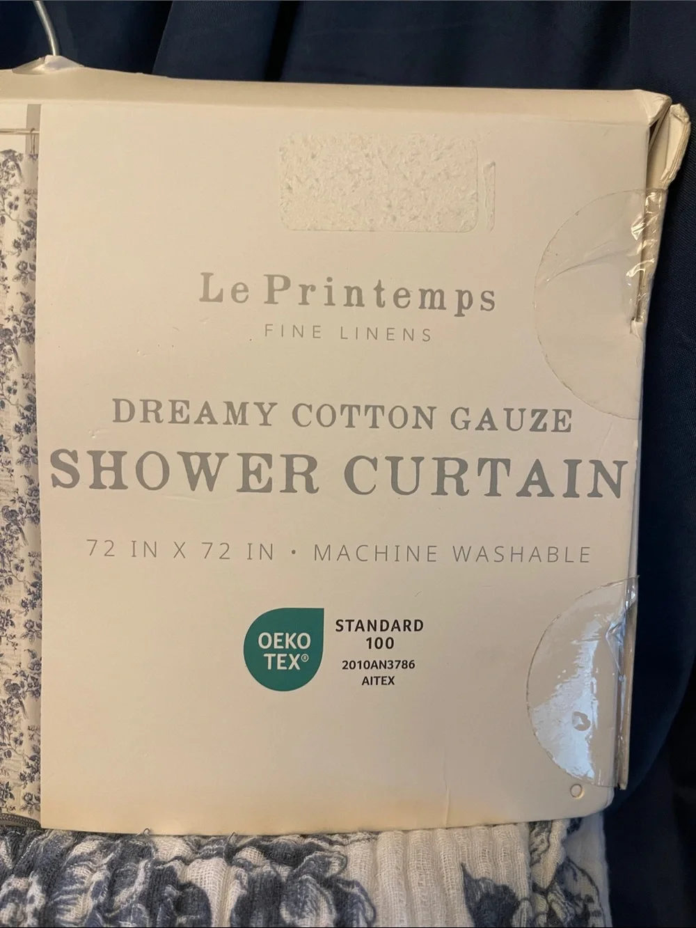 Dreamy Cotton Gauze Shower Curtain - White with Blue Floral & Bird Motif